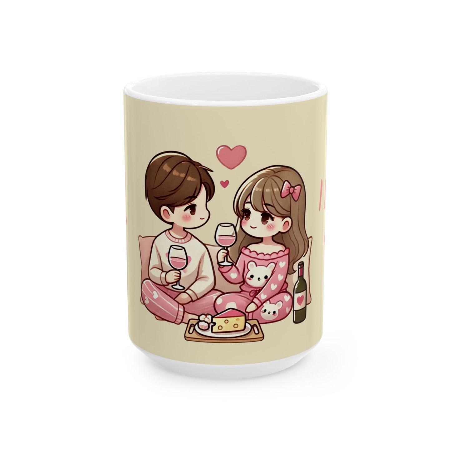 Loving Couple Mug with Wine and Cheese Design - Romantic Gift