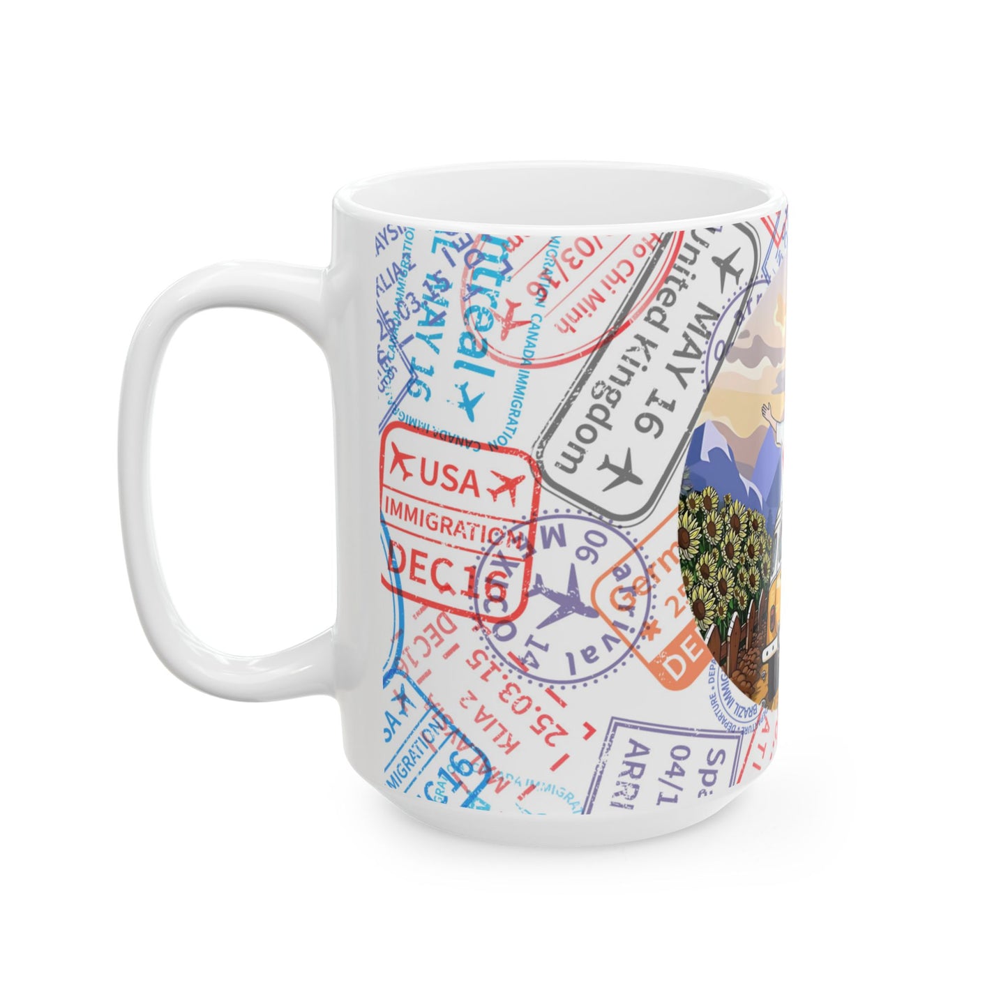 Wanderlust Duo Coffee Mug - Passport Stamp Design for Travel Lovers (11oz, 15oz)