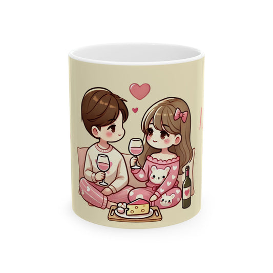 Loving Couple Mug with Wine and Cheese Design - Romantic Gift