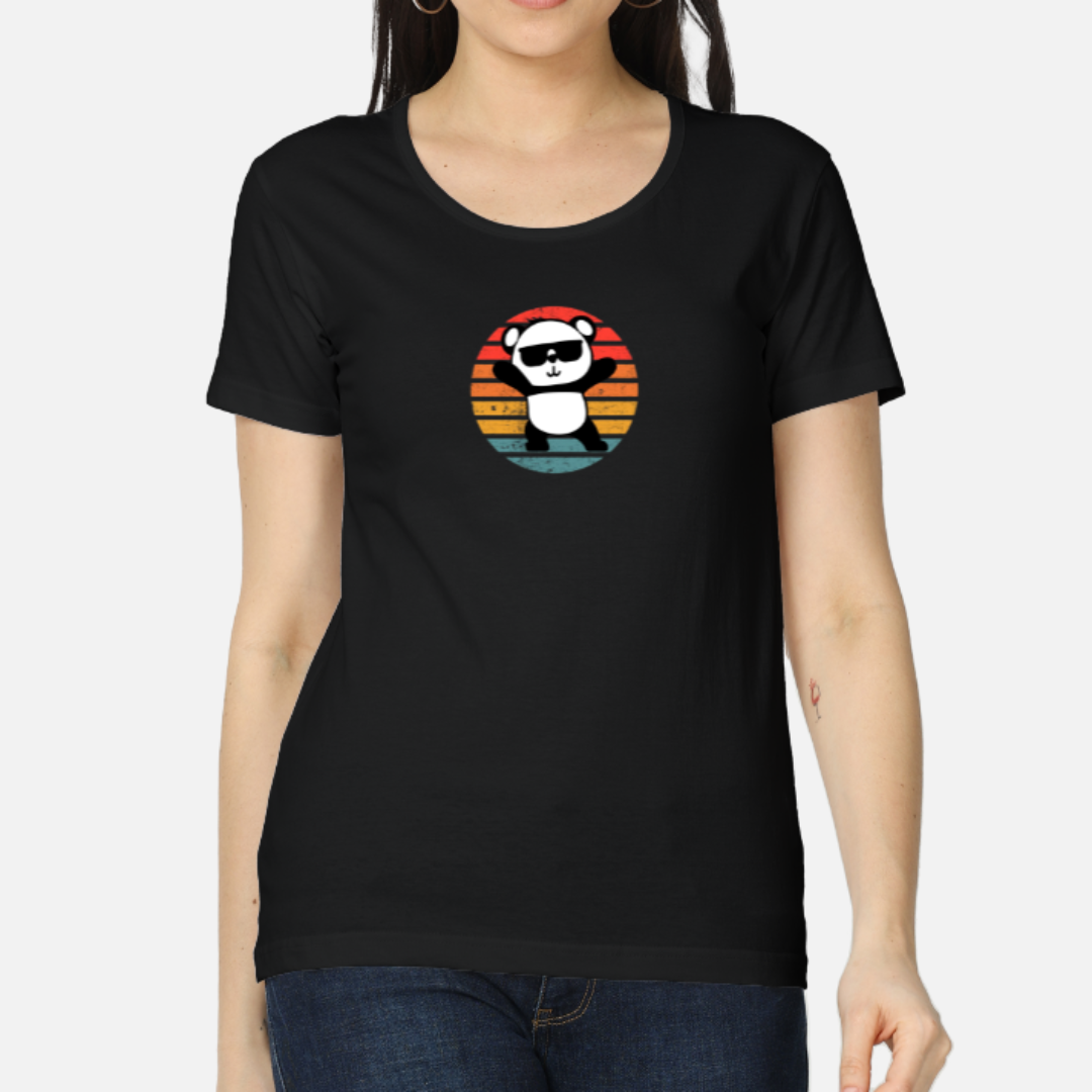 Women Regular Fit Cool Panda Black Cotton Tshirt