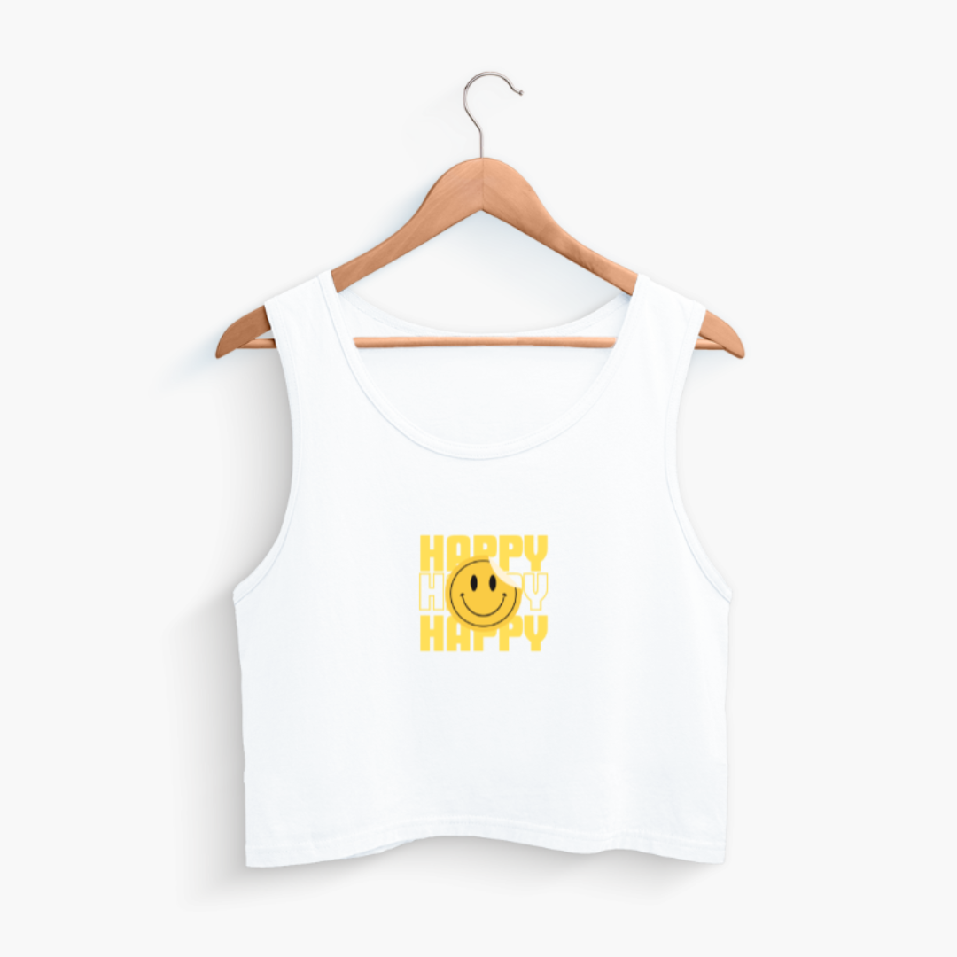 Women Happy Smiley Cropped Tank White