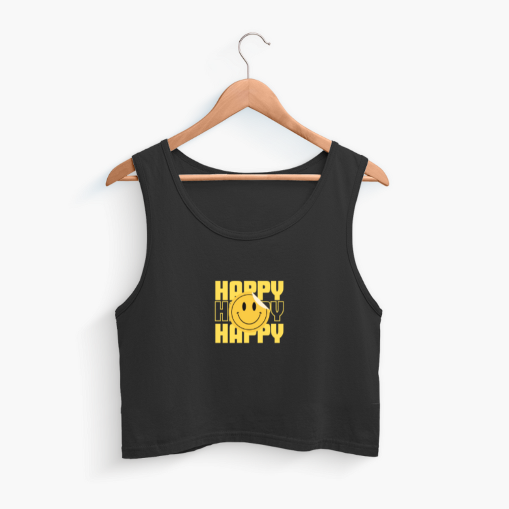 Women Happy Smiley Cropped Tank Black