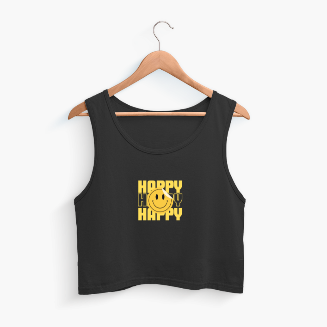 Women Happy Smiley Cropped Tank Black
