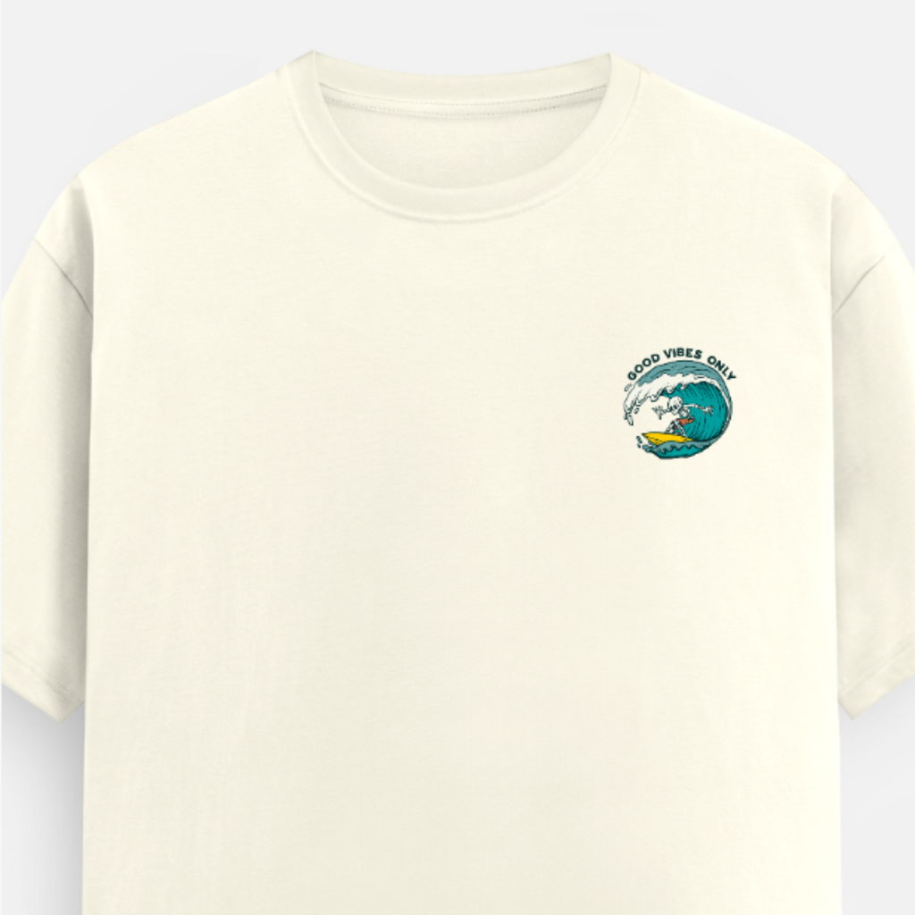 Unisex Relaxed Fit Surf Skeleton Off White Cotton Tshirt