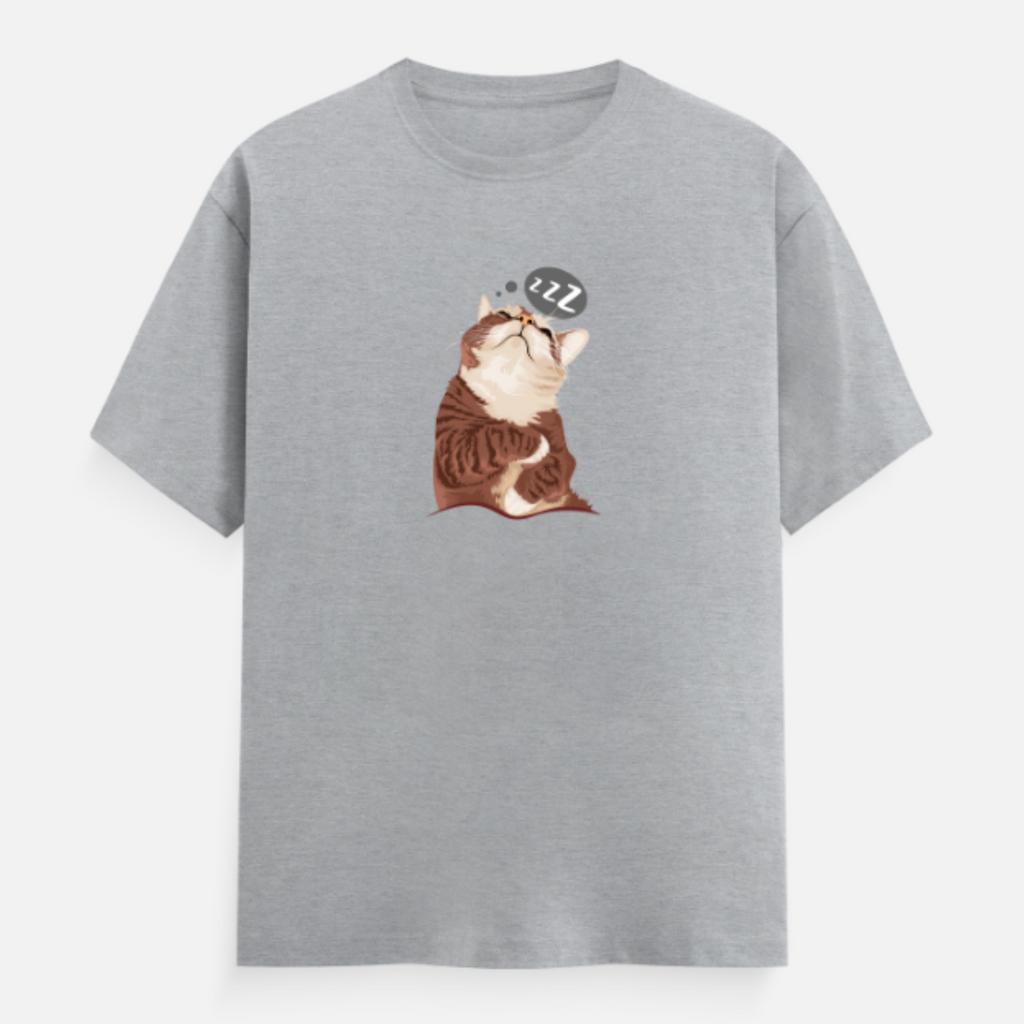 Unisex Relaxed Fit Sleepy Cat Grey Melange Tshirt