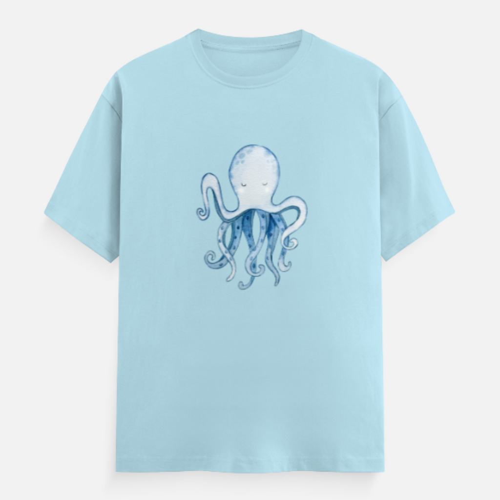 Unisex Relaxed Fit Octopus Tshirt - Sky Blue