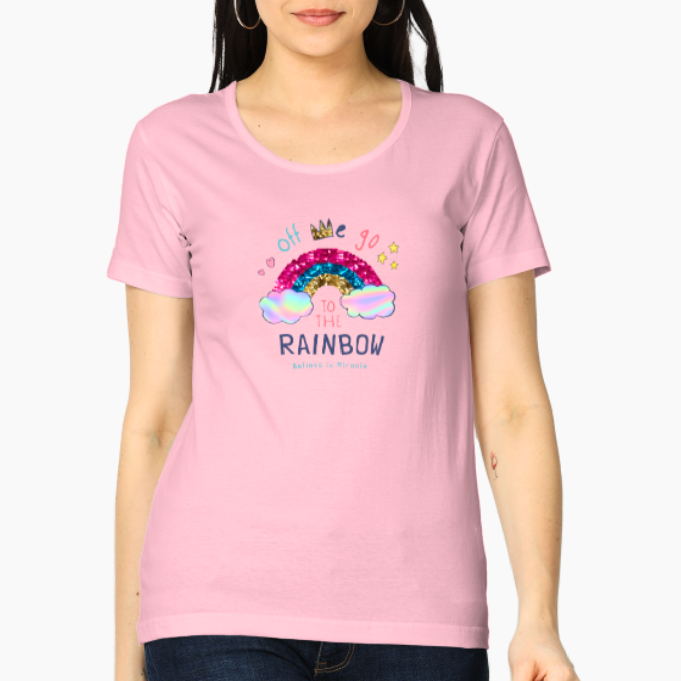 Women Regular Fit Rainbow Light Pink Cotton Tshirt