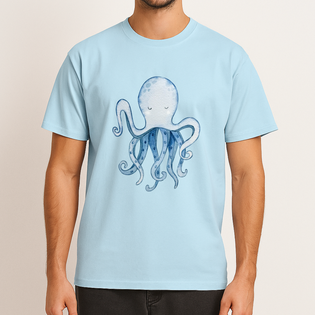 Unisex Relaxed Fit Octopus Tshirt - Sky Blue