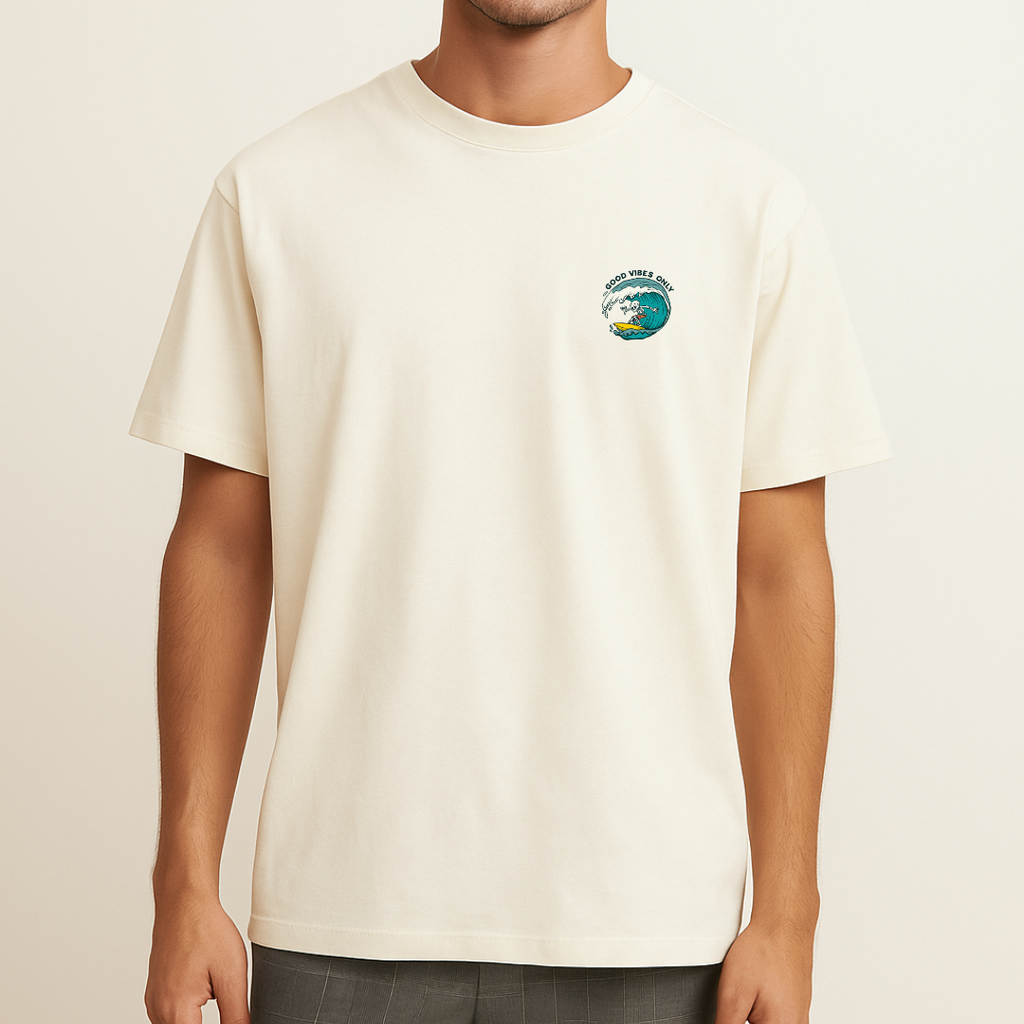Unisex Relaxed Fit Surf Skeleton Off White Cotton Tshirt
