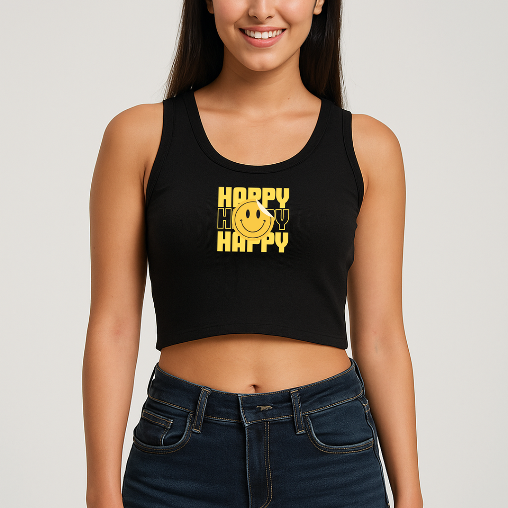 Women Happy Smiley Cropped Tank Black