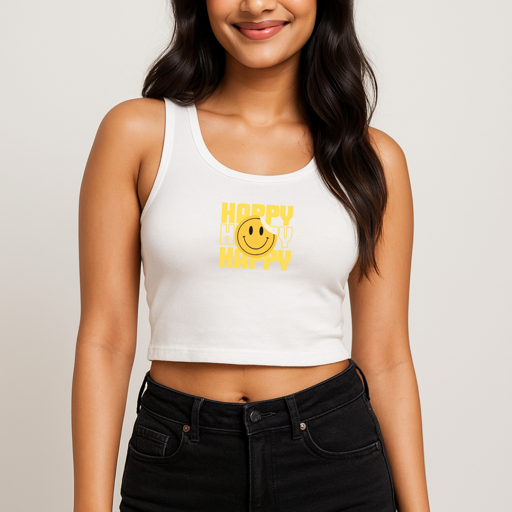 Women Happy Smiley Cropped Tank White