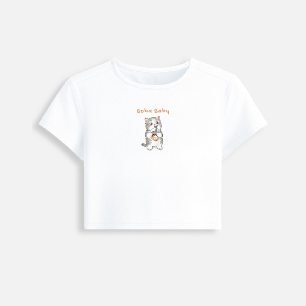 Women Boba Cat White Cropped Top