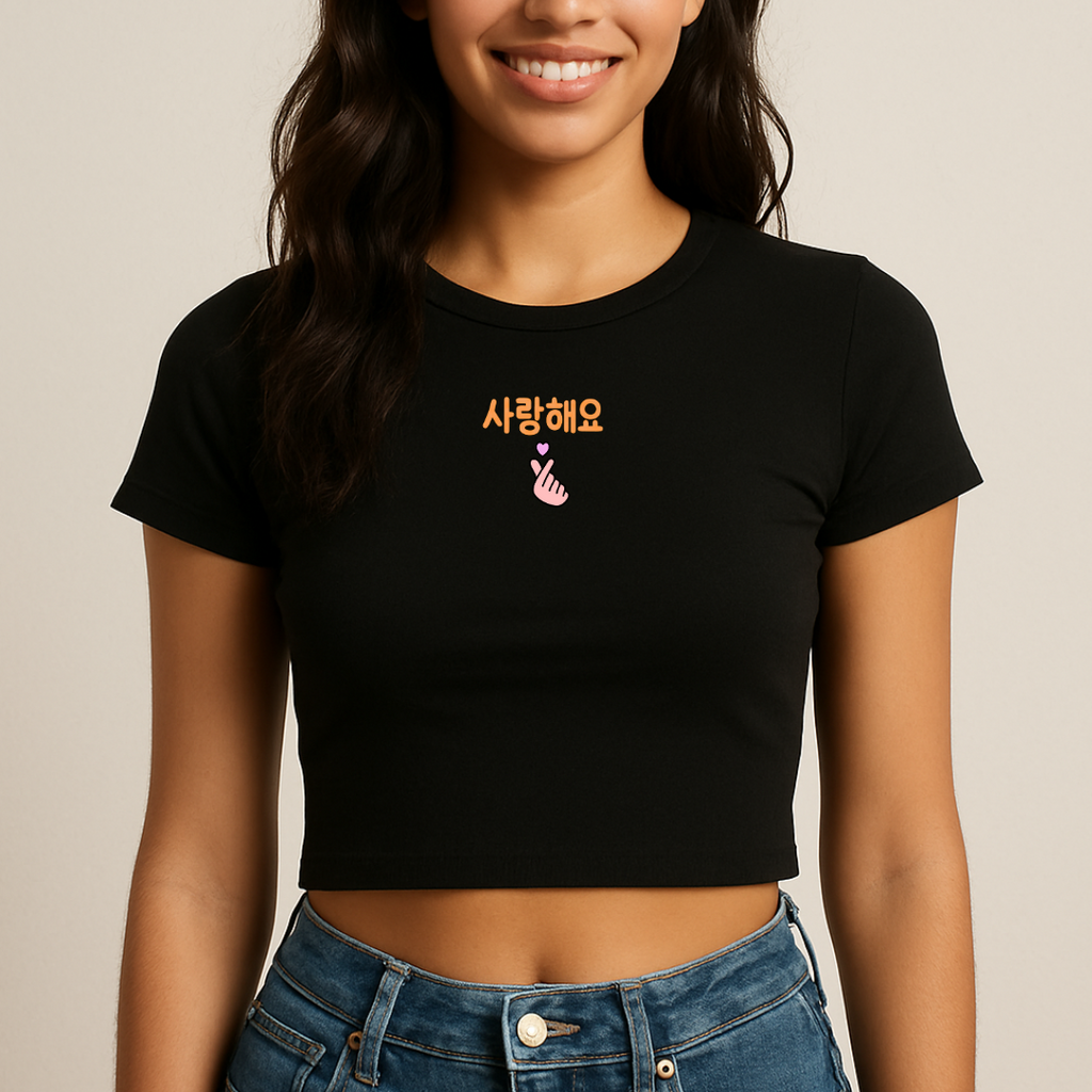 Women Korean Love Embroidery Black Cropped Top