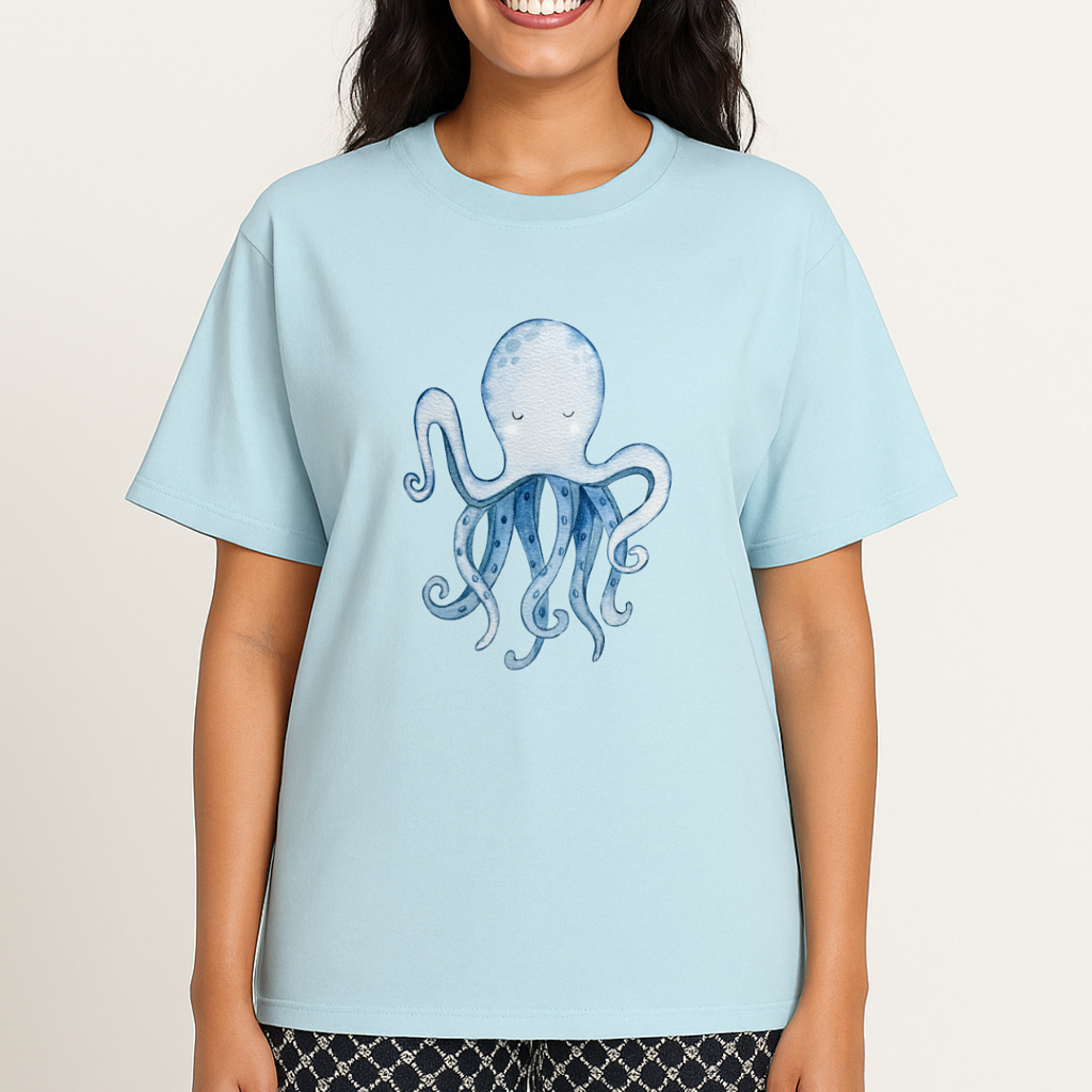 Unisex Relaxed Fit Octopus Tshirt - Sky Blue