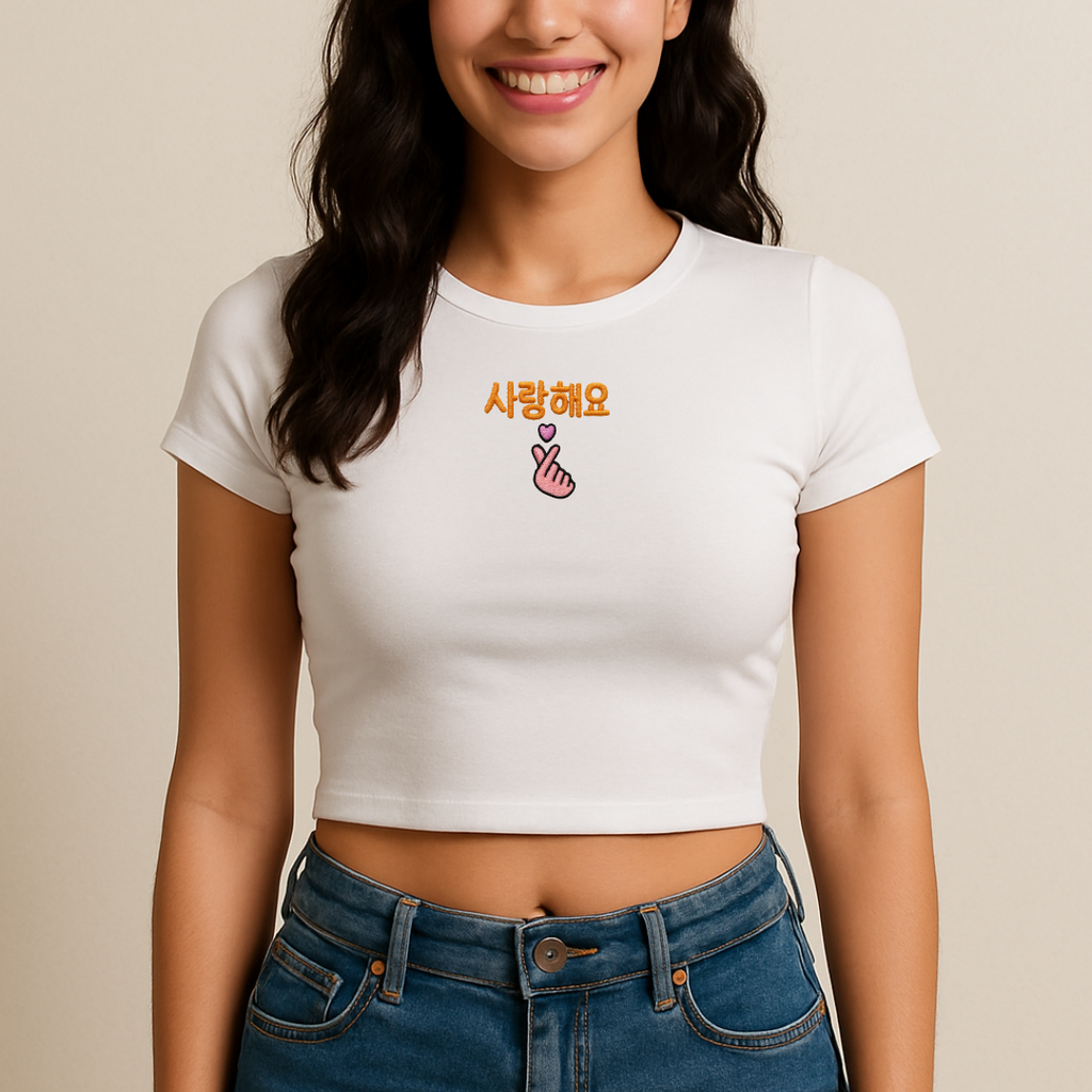 Women Korean Love Embroidery White Cropped Top