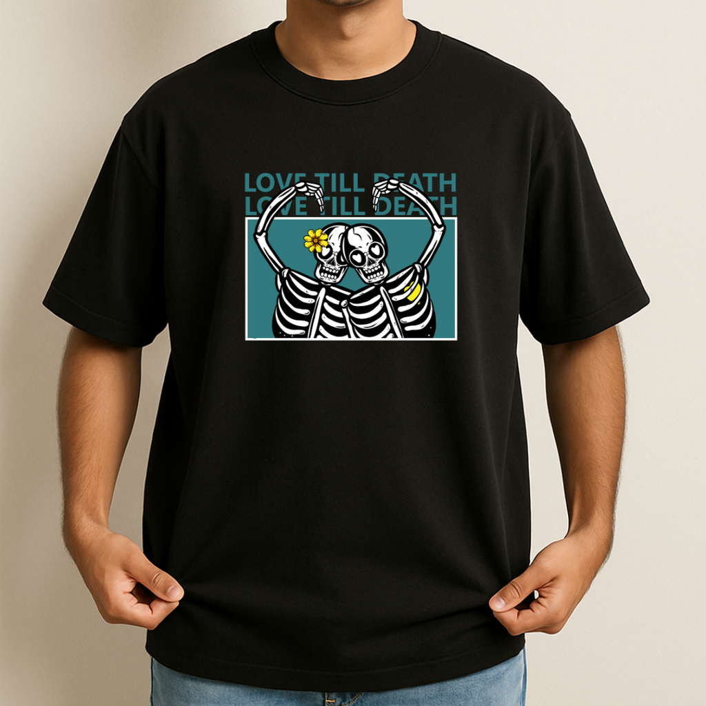 Unisex Oversize Love Till Death Skeleton Black Tshirt