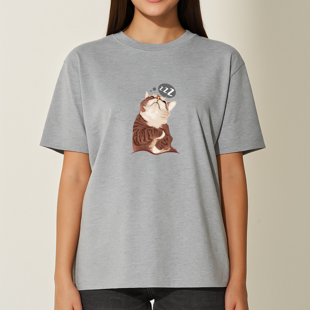 Unisex Relaxed Fit Sleepy Cat Grey Melange Tshirt